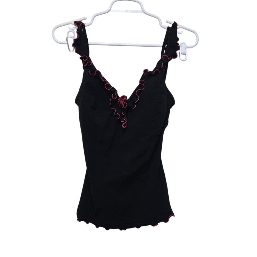 Profile Ruffle Tankini Top Swim USA 12 Black Pink Lettuce Edge Resort